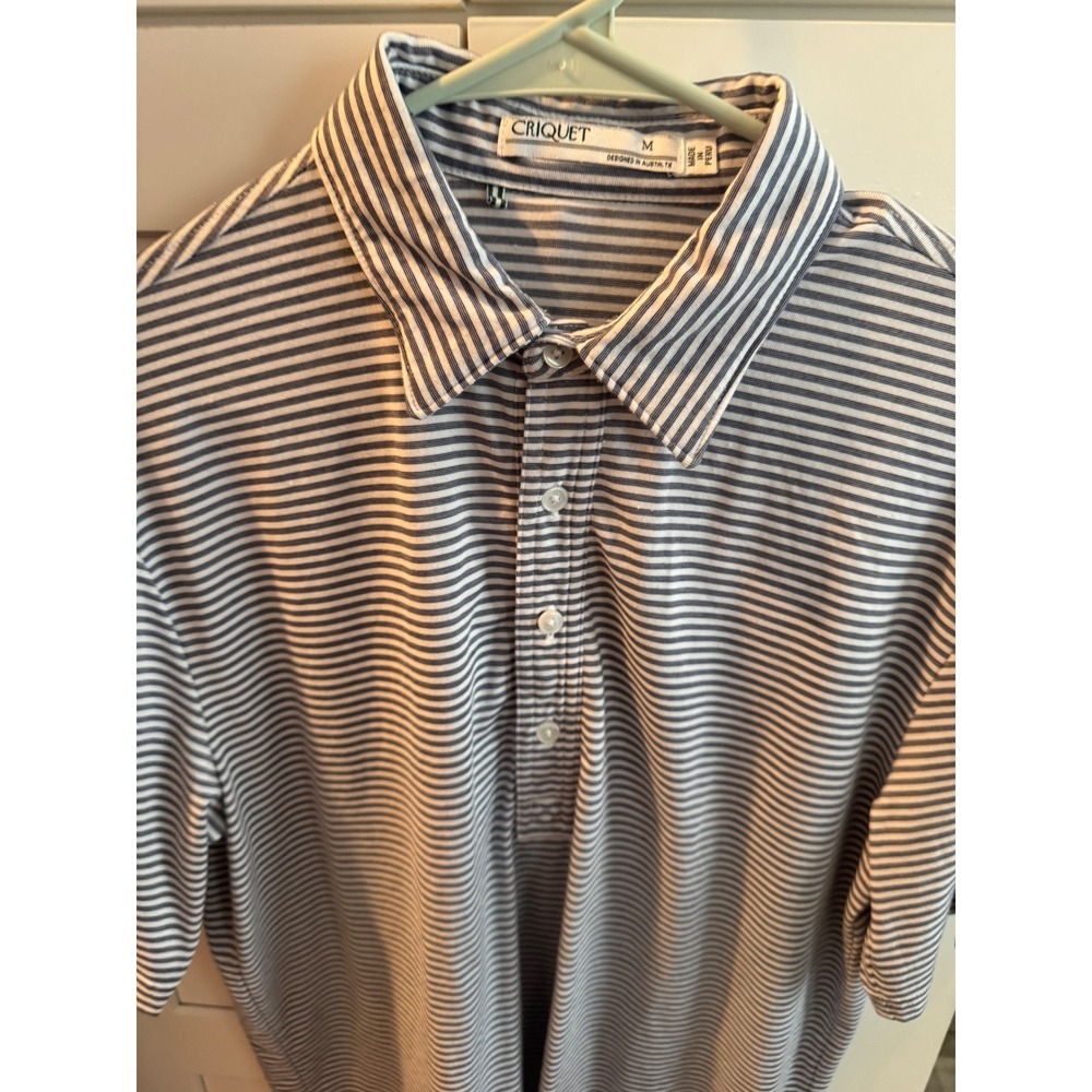 Criquet Mens Players Shirt Polo Navy Blue White Striped Short Sleeve Size M